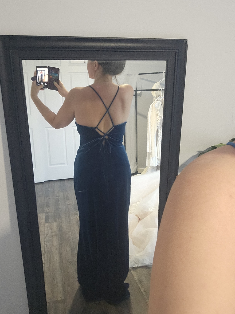 Velvet Navy Blue Spaghetti Strap Evening Gown